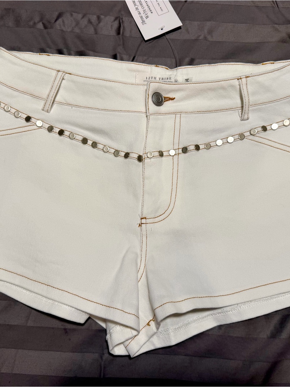 12th Tribe White Denim Shorts with Silver Studs